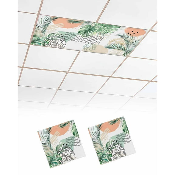 Fluorescent Light Covers for Ceiling Lights 2 Pack, Boho Summer Botanical Magnetic Ceiling Light Covers 2x4ft for Classroom Office School, Palm Leaves Geometric Abstract Drop Ceiling Light Shade
