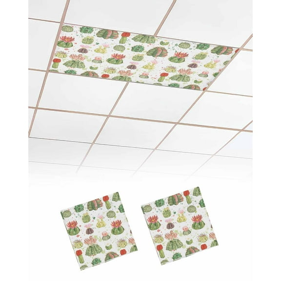 Fluorescent Light Covers for Ceiling Lights 2 Pack, Cactus Magnetic Ceiling Light Covers 2x4ft for Classroom Office School, Watercolor Summer Botanical Tropical Leaves Drop Ceiling Light Shade