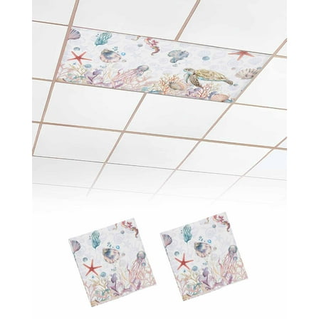 Fluorescent Light Covers for Ceiling Lights 2 Pack, Coastal Sea Turtle Magnetic Ceiling Light Covers 2x4ft for Classroom Office School, Summer Beach Nautical Starfish Coral Drop Ceiling Light Shade