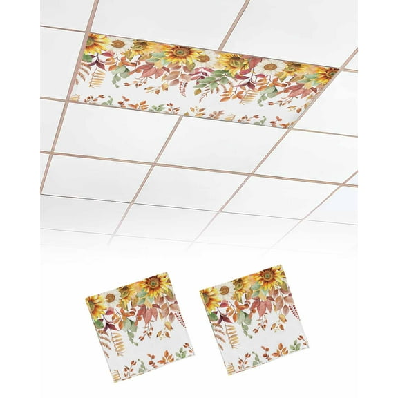 Fluorescent Light Covers for Ceiling Lights 2 Pack, Fall Botanical Magnetic Ceiling Light Covers 2x4ft for Classroom Office School, Sunflowers Maple Leaf Watercolor Overhead Drop Ceiling Light Shade