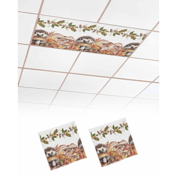 Fluorescent Light Covers for Ceiling Lights 2 Pack,Fall Mushroom Hedgehog Magnetic Ceiling Light Covers 2x4 Feet for Classroom Office School,Thanksgiving Maple Leaf Overhead Drop Ceiling Light Shade