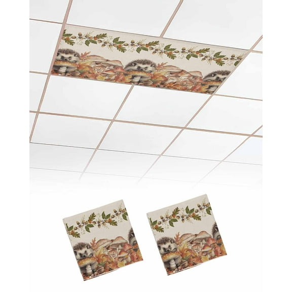 Fluorescent Light Covers for Ceiling Lights 2 Pack, Fall Mushroom Hedgehog Magnetic Ceiling Light Covers 2x4 Feet for Classroom Office School, Thanksgiving Rustic Overhead Drop Ceiling Light Shade