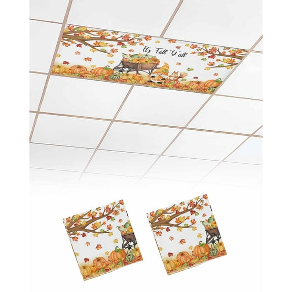 Fluorescent Light Covers for Ceiling Lights 2 Pack, Fall Pumpkins Gnomes Magnetic Ceiling Light Covers 2x4 Feet for Classroom Office School, Thanksgiving Maple Leaf Overhead Drop Ceiling Light Shade