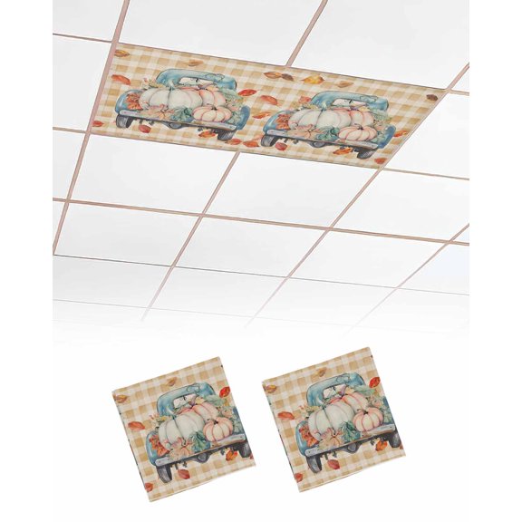 Fluorescent Light Covers for Ceiling Lights 2 Pack, Fall Pumpkins Truck Magnetic Ceiling Light Covers 2x4ft for Classroom Office School, Orange Plaid Thanksgiving Rustic Drop Ceiling Light Shade