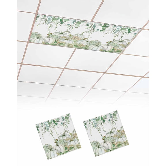 Fluorescent Light Covers for Ceiling Lights 2 Pack, Fall Sage Green Pumpkins Magnetic Ceiling Light Covers 2x4ft for Classroom Office School, Thanksgiving Maple Leaf Overhead Drop Ceiling Light Shade