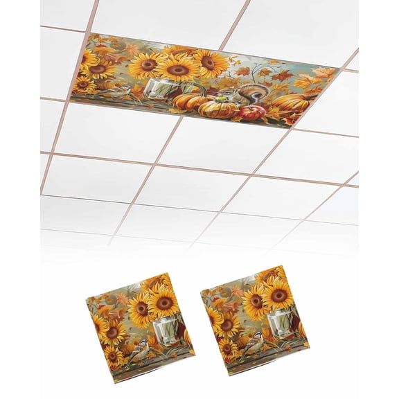 Fluorescent Light Covers for Ceiling Lights 2 Pack, Fall Squirrel Magnetic Ceiling Light Covers 2x4 Feet for Classroom Office School, Sunflower Pumpkins Thanksgiving Overhead Drop Ceiling Light Shade