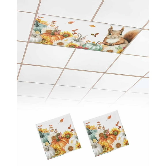 Fluorescent Light Covers for Ceiling Lights 2 Pack, Fall Squirrel Magnetic Ceiling Light Covers 2x4ft for Classroom Office School, Pumpkins Maple Leaf Floral Thanksgiving Drop Ceiling Light Shade