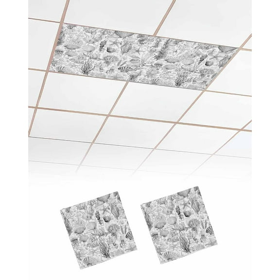 Fluorescent Light Covers for Ceiling Lights 2 Pack,Gary Coastal Magnetic Ceiling Light Covers 2x4 Feet for Classroom Office School,Nautical Summer Beach Coral Shell Overhead Drop Ceiling Light Shade