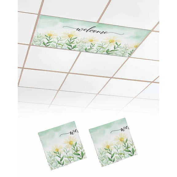 Fluorescent Light Covers for Ceiling Lights 2 Pack, Green Ombre Daisy Magnetic Ceiling Light Covers 2x4ft for Classroom Office School, Watercolor Spring Floral Elegant Drop Ceiling Light Shade