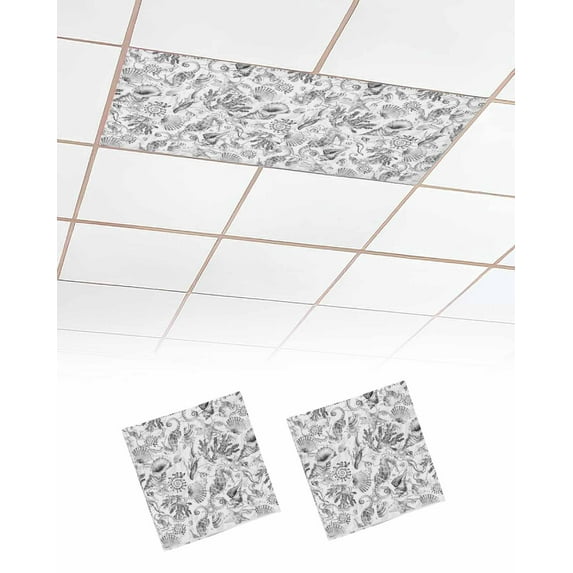 Fluorescent Light Covers for Ceiling Lights 2 Pack, Grey Coastal Magnetic Ceiling Light Covers 2x4ft for Classroom Office School, Nautical Beach Shell Coral Starfish Overhead Drop Ceiling Light Shade