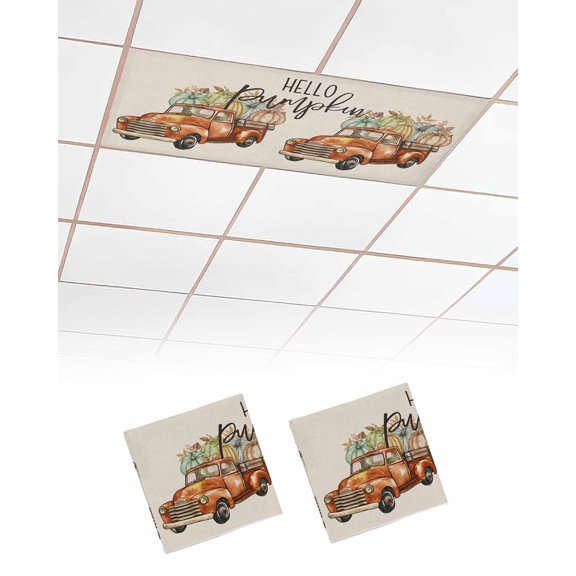 Fluorescent Light Covers for Ceiling Lights 2 Pack, Hello Pumpkins Magnetic Ceiling Light Covers 2x4ft for Classroom Office School, Fall Truck Botanical Thanksgiving Overhead Drop Ceiling Light Shade