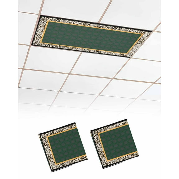 Fluorescent Light Covers for Ceiling Lights 2 Pack, Leopard Magnetic Ceiling Light Covers 2x4 Feet for Classroom Office School, Yellow Green Geometric Plaid Vintage Overhead Drop Ceiling Light Shade