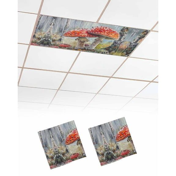Fluorescent Light Covers for Ceiling Lights 2 Pack, Mushroom Magnetic Ceiling Light Covers 2x4ft for Classroom Office School, Vintage Watercolor Oil Painting Botanical Drop Ceiling Light Shade