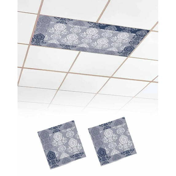 Fluorescent Light Covers for Ceiling Lights 2 Pack,Navy Blue Boho Magnetic Ceiling Light Covers 2x4 Feet for Classroom Office School,Vintage Floral Contemporary Art Overhead Drop Ceiling Light Shade