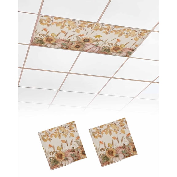 Fluorescent Light Covers for Ceiling Lights 2 Pack, Orange Fall Magnetic Ceiling Light Covers 2x4ft for Classroom Office School, Thanksgiving Pumpkins Sunflowers Rustic Drop Ceiling Light Shade