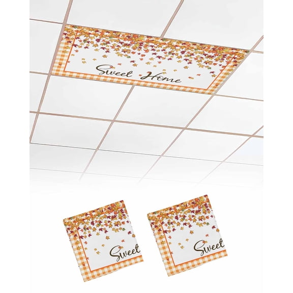 Fluorescent Light Covers for Ceiling Lights 2 Pack, Orange Plaid Fall Magnetic Ceiling Light Covers 2x4ft for Classroom Office School, Thanksgiving Maple Leaf Botanical Drop Ceiling Light Shade
