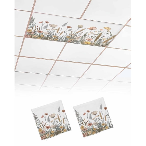 Fluorescent Light Covers for Ceiling Lights 2 Pack,Pastoral Botanical Magnetic Ceiling Light Covers 2x4 Feet for Classroom Office School,Farmhouse Floral Watercolor Overhead Drop Ceiling Light Shade