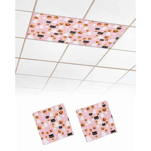 Fluorescent Light Covers for Ceiling Lights 2 Pack, Pink Halloween Magnetic Ceiling Light Covers 2x4 Feet for Classroom Office School, Halloween Ghost Orange Pumpkin Overhead Drop Ceiling Light Shade