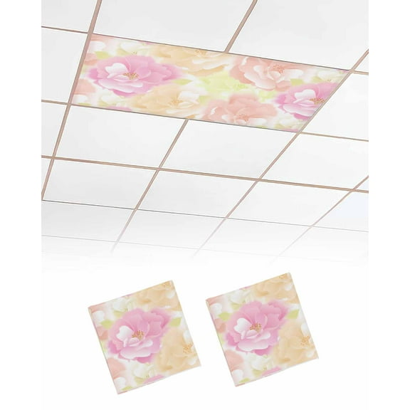 Fluorescent Light Covers for Ceiling Lights 2 Pack, Pink Yellow Spring Floral Magnetic Ceiling Light Covers 2x4ft for Classroom Office School, Watercolor Elegant Botanical Drop Ceiling Light Shade