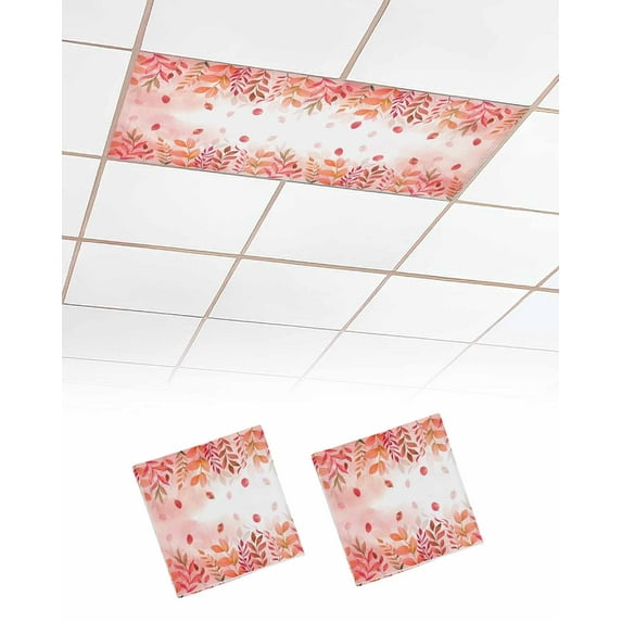 Fluorescent Light Covers for Ceiling Lights 2 Pack, Red Orange Botanical Magnetic Ceiling Light Covers 2x4ft for Classroom Office School, Watercolor Pastoral Weeping Leaf Drop Ceiling Light Shade
