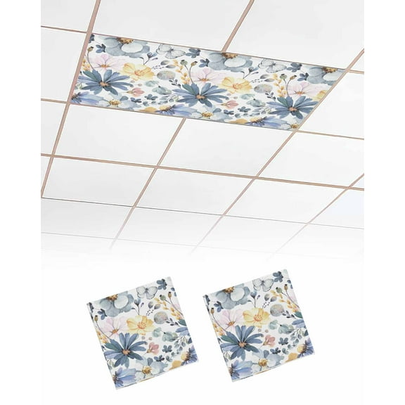 Fluorescent Light Covers for Ceiling Lights 2 Pack,Spring Floral Magnetic Ceiling Light Covers 2x4 Feet for Classroom Office School,Blue Watercolor Summer Botanical Overhead Drop Ceiling Light Shade