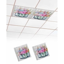 Fluorescent Light Covers for Ceiling Lights 2 Pack, Spring Floral Magnetic Ceiling Light Covers 2x4ft for Classroom Office School, Summer Botanical Blue Ombre Vintage Wooden Drop Ceiling Light Shade