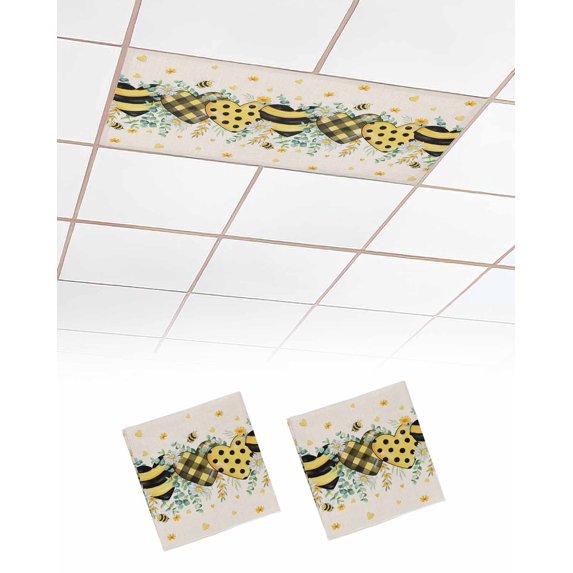 Fluorescent Light Covers for Ceiling Lights 2 Pack,Summer Botanical Magnetic Ceiling Light Covers 2x4ft for Classroom Office School,Yellow Black Love Heart Eucalyptus Leaves Drop Ceiling Light Shade