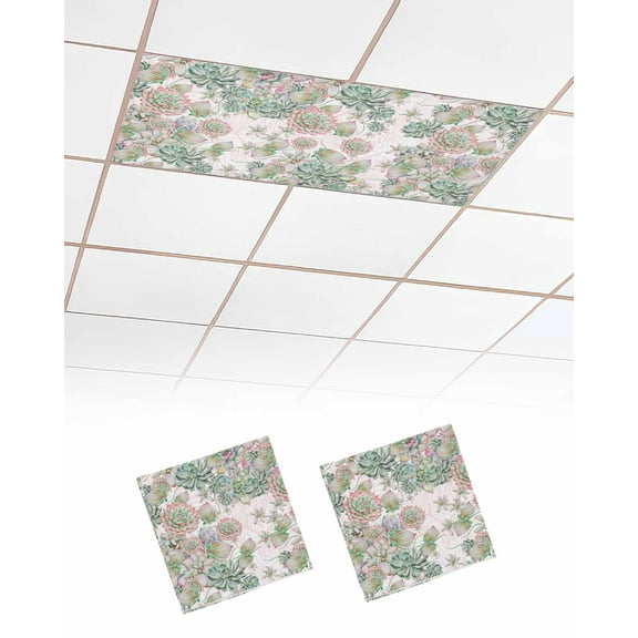 Fluorescent Light Covers for Ceiling Lights 2 Pack, Summer Cactus Magnetic Ceiling Light Covers 2x4ft for Classroom Office School, Watercolor Tropical Succulent Leaves Drop Ceiling Light Shade