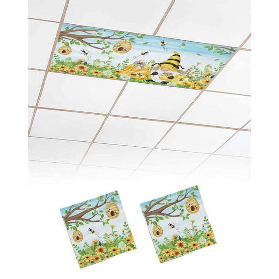 Fluorescent Light Covers for Ceiling Lights 2 Pack, Summer Gnomes Magnetic Ceiling Light Covers 2x4ft for Classroom Office School, Bee Spring Floral Botanical Watercolor Drop Ceiling Light Shade