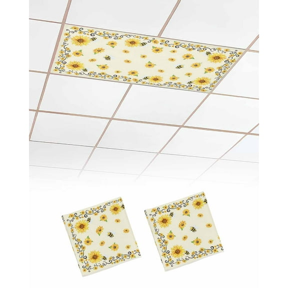 Fluorescent Light Covers for Ceiling Lights 2 Pack, Sunflower Magnetic Ceiling Light Covers 2x4 Feet for Classroom Office School, Yellow Summer Floral Bee Botanical Overhead Drop Ceiling Light Shade