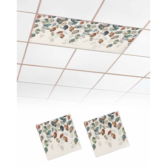 Fluorescent Light Covers for Ceiling Lights 2 Pack, Teal Brown Botanical Magnetic Ceiling Light Covers 2x4ft for Classroom Office School, Pastoral Fall Weeping Maple Leaf Drop Ceiling Light Shade