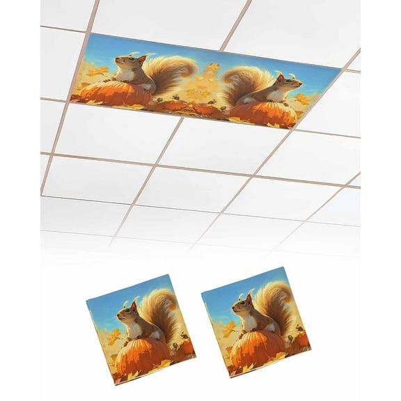 Fluorescent Light Covers for Ceiling Lights 2 Pack, Thanksgiving Squirrel Magnetic Ceiling Light Covers 2x4ft for Classroom Office School, Fall Maple Leaf Orange Pumpkins Drop Ceiling Light Shade