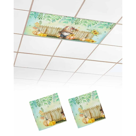 Fluorescent Light Covers for Ceiling Lights 2 Pack, Turquoise Gnomes Fall Magnetic Ceiling Light Covers 2x4ft for Classroom Office, Thanksgiving Pumpkins Maple Leaf Floral Drop Ceiling Light Shade