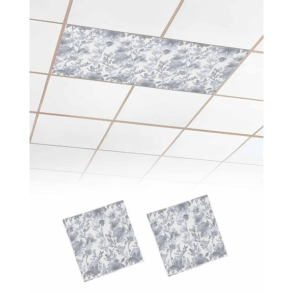 Fluorescent Light Covers for Ceiling Lights 2 Pack, Watercolor Grey Floral Magnetic Ceiling Light Covers 2x4ft for Classroom Office School, Gray Ombre Botanical Summer Drop Ceiling Light Shade