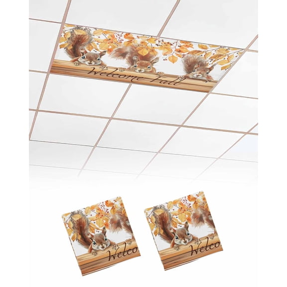 Fluorescent Light Covers for Ceiling Lights 2 Pack, Welcome Fall Squirrel Magnetic Ceiling Light Covers 2x4 Feet for Classroom Office School, Thanksgiving Botanical Overhead Drop Ceiling Light Shade