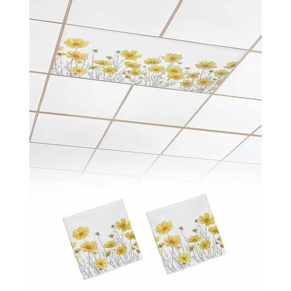 Fluorescent Light Covers for Ceiling Lights 2 Pack, Yellow Spring Floral Magnetic Ceiling Light Covers 2x4ft for Classroom Office School, Summer Botanical Watercolor Daisy Drop Ceiling Light Shade