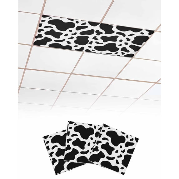 Fluorescent Light Covers for Ceiling Lights 3 Pack, Black and White Magnetic Ceiling Light Covers 2x4 Feet for Classroom Office School, Farmhouse Cow Black White Overhead Drop Ceiling Light Shade