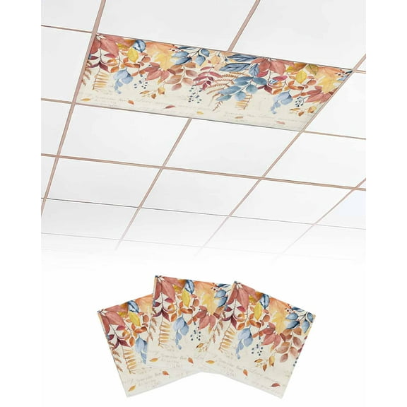 Fluorescent Light Covers for Ceiling Lights 3 Pack, Blue Orange Fall Magnetic Ceiling Light Covers 2x4ft for Classroom Office School, Autumn Maple Leaf Thanksgiving Rustic Drop Ceiling Light Shade
