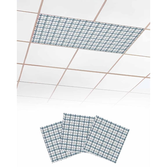 Fluorescent Light Covers for Ceiling Lights 3 Pack, Blue Plaid Magnetic Ceiling Light Covers 2x4 Feet for Classroom Office School, Watercolor Checkered Blue Ombre Overhead Drop Ceiling Light Shade