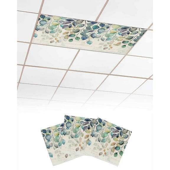 Fluorescent Light Covers for Ceiling Lights 3 Pack, Blue Teal Botanical Magnetic Ceiling Light Covers 2x4ft for Classroom Office School, Weeping Fall Eucalyptus Leaves Rustic Drop Ceiling Light Shade