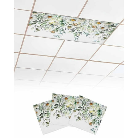 Fluorescent Light Covers for Ceiling Lights 3 Pack, Eucalyptus Leaves Magnetic Ceiling Light Covers 2x4ft for Classroom Office, White Daisy Spring Floral Summer Botancial Drop Ceiling Light Shade