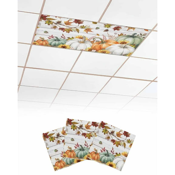 Fluorescent Light Covers for Ceiling Lights 3 Pack, Fall Green Orange Pumpkins Magnetic Ceiling Light Covers 2x4ft for Classroom Office, Thanksgiving Maple Leaf Tree Vintage Drop Ceiling Light Shade