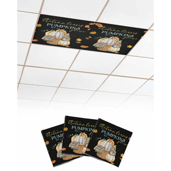 Fluorescent Light Covers for Ceiling Lights 3 Pack, Fall Pumpkins Magnetic Ceiling Light Covers 2x4 Feet for Classroom Office School, Thanksgiving Maple Leaf Black Overhead Drop Ceiling Light Shade