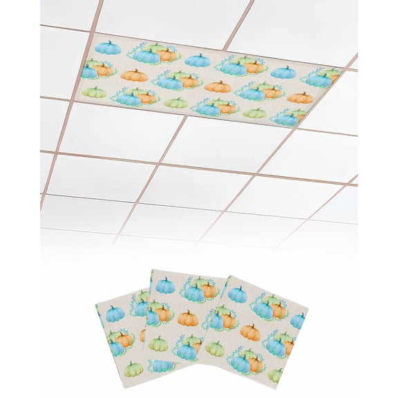 Fluorescent Light Covers for Ceiling Lights 3 Pack, Fall Pumpkins Magnetic Ceiling Light Covers 2x4ft for Classroom Office School, Blue Green Orange Pumpkins Thanksgiving Drop Ceiling Light Shade