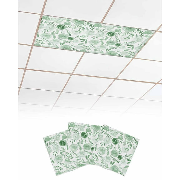 Fluorescent Light Covers for Ceiling Lights 3 Pack, Green Spring Floral Botanical Magnetic Ceiling Light Covers 2x4ft for Classroom Office School, Watercolor Summer Flower Drop Ceiling Light Shade