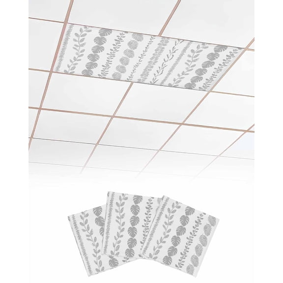 Fluorescent Light Covers for Ceiling Lights 3 Pack, Grey Botanical Magnetic Classroom Light Covers 4x2 Feet, Summer Botanical Leaf Vertical Stripes Fluorescent Ceiling Filters for Office Classroom