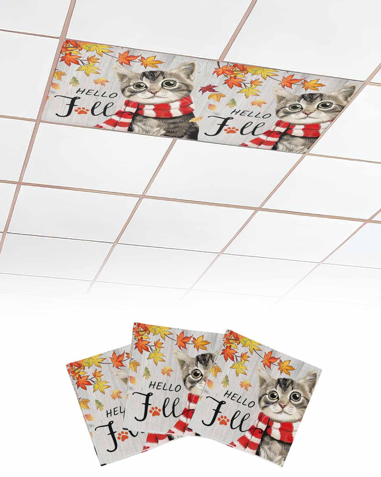 Fluorescent Light Covers for Ceiling Lights 3 Pack,Hello Fall Cat