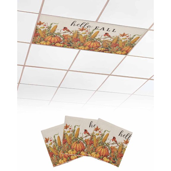 Fluorescent Light Covers for Ceiling Lights 3 Pack, Hello Fall Magnetic Ceiling Light Covers 2x4ft for Classroom Office School, Orange Pumpkins Birds Rustic Thanksgiving Drop Ceiling Light Shade