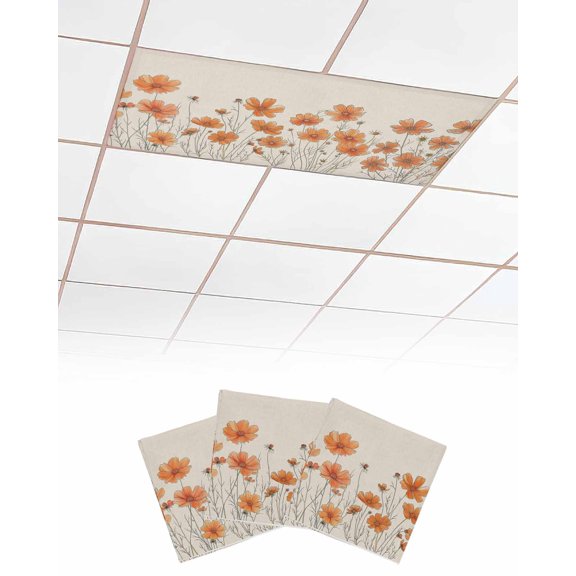 Fluorescent Light Covers for Ceiling Lights 3 Pack, Orange Spring Floral Magnetic Ceiling Light Covers 2x4ft for Classroom Office School, Summer Botanical Rustic Daisy Drop Ceiling Light Shade