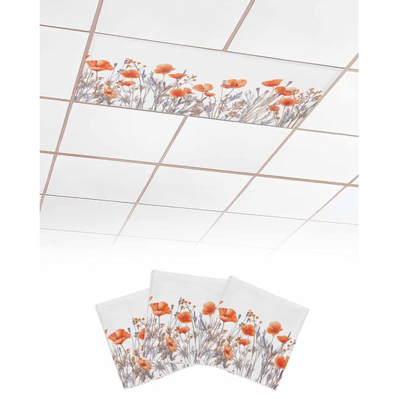 Fluorescent Light Covers for Ceiling Lights 3 Pack, Orange Spring Floral Magnetic Ceiling Light Covers 2x4ft for Classroom Office School, Watercolor Summer Botanical Overhead Drop Ceiling Light Shade